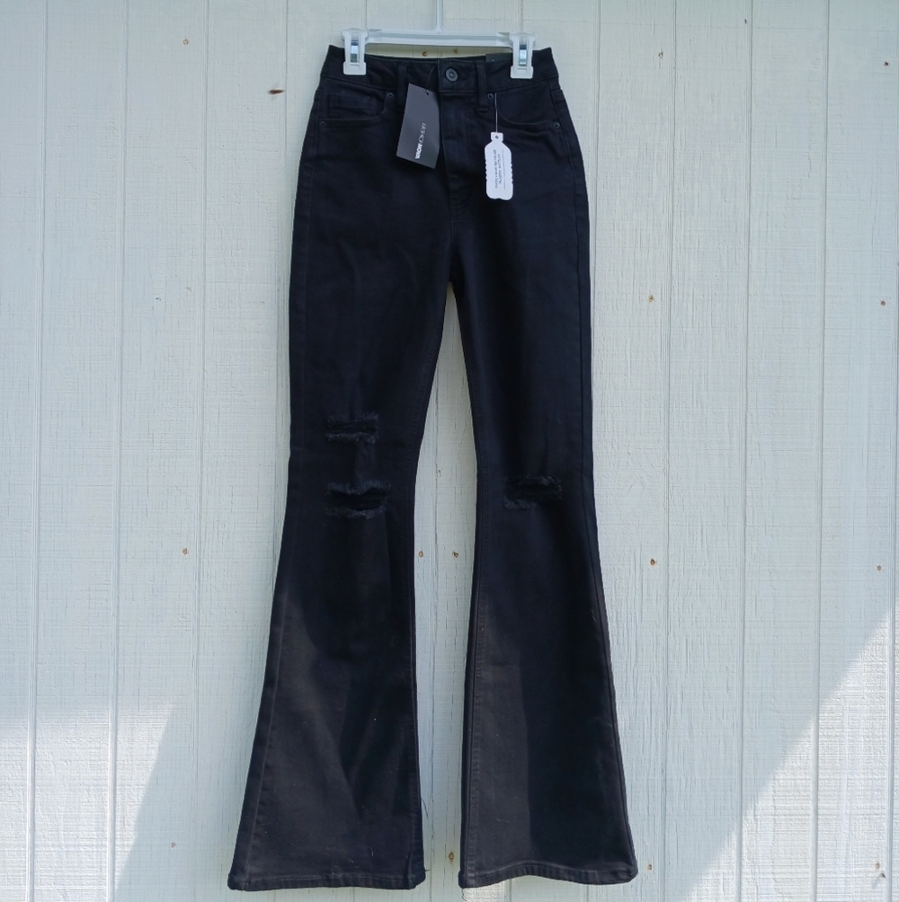 Fashion Nova More To Come Distressed High Rise Flare‎ Jeans Black Sz 1 New